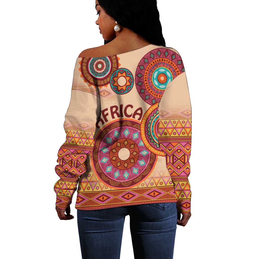 Afro Tribal Traditional Pattern Off Shoulder Sweater Beige Motif LT9