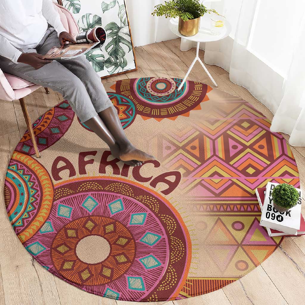 Afro Tribal Traditional Pattern Round Carpet Beige Motif LT9