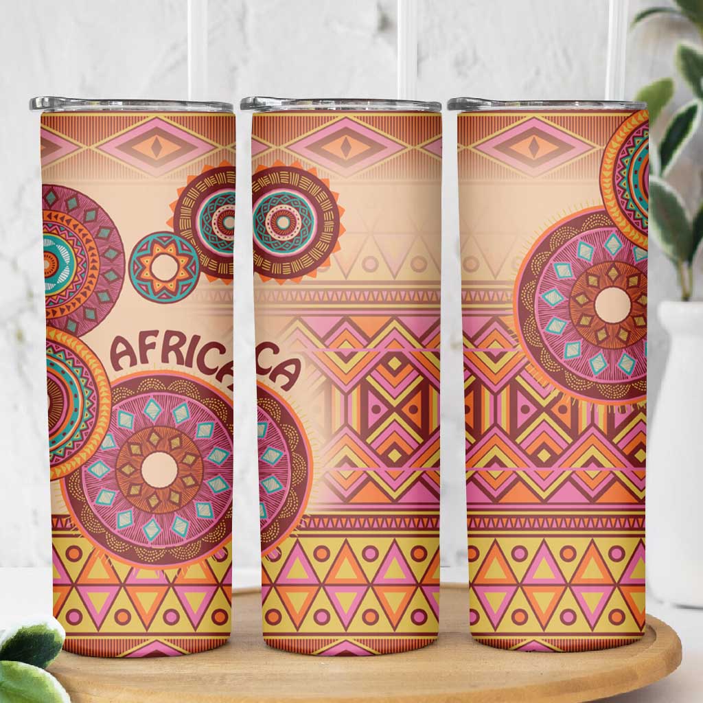 Afro Tribal Traditional Pattern Skinny Tumbler Beige Motif LT9