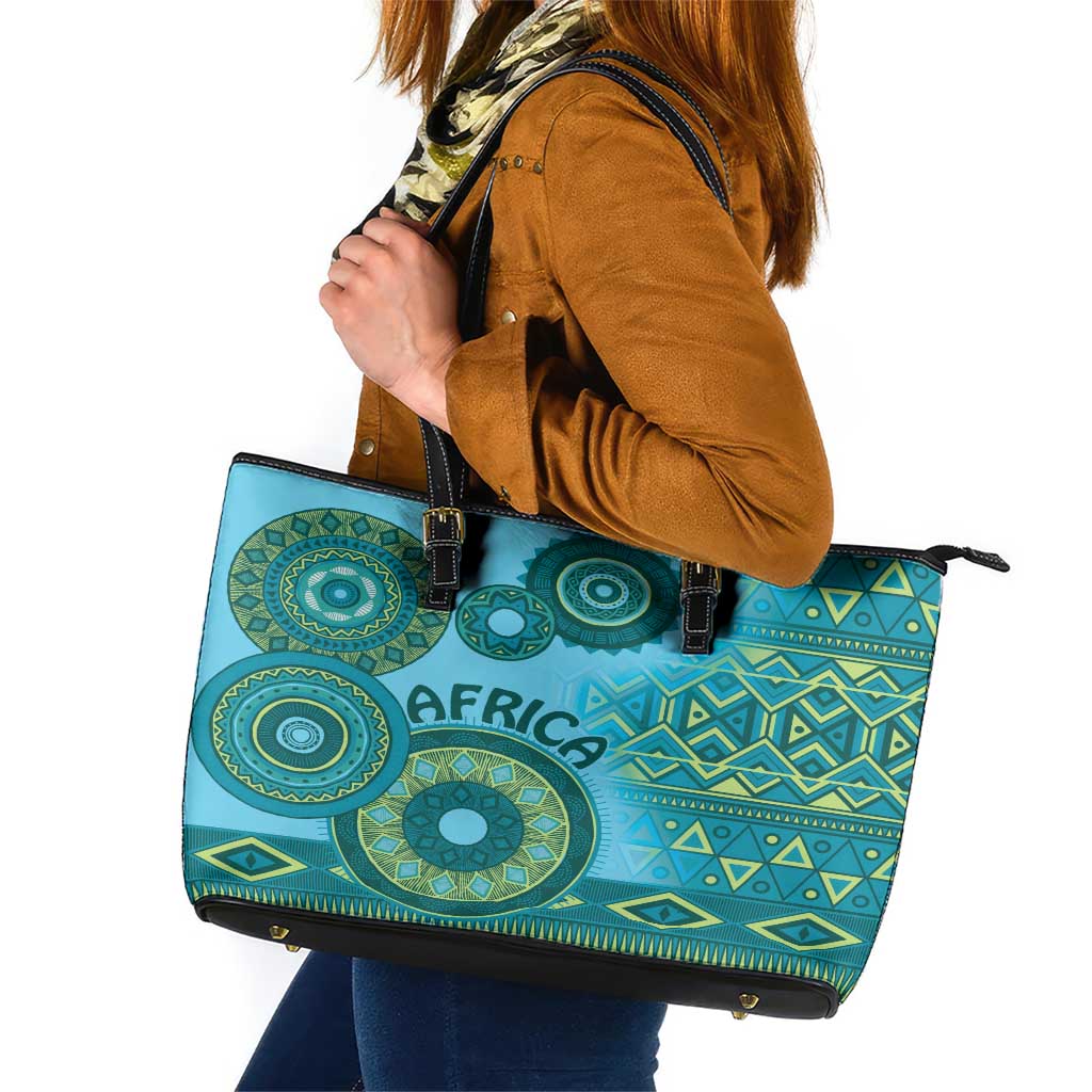 Africa Tribal Traditional Pattern Leather Tote Bag Blue Motif LT9