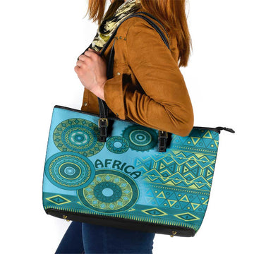 Africa Tribal Traditional Pattern Leather Tote Bag Blue Motif LT9