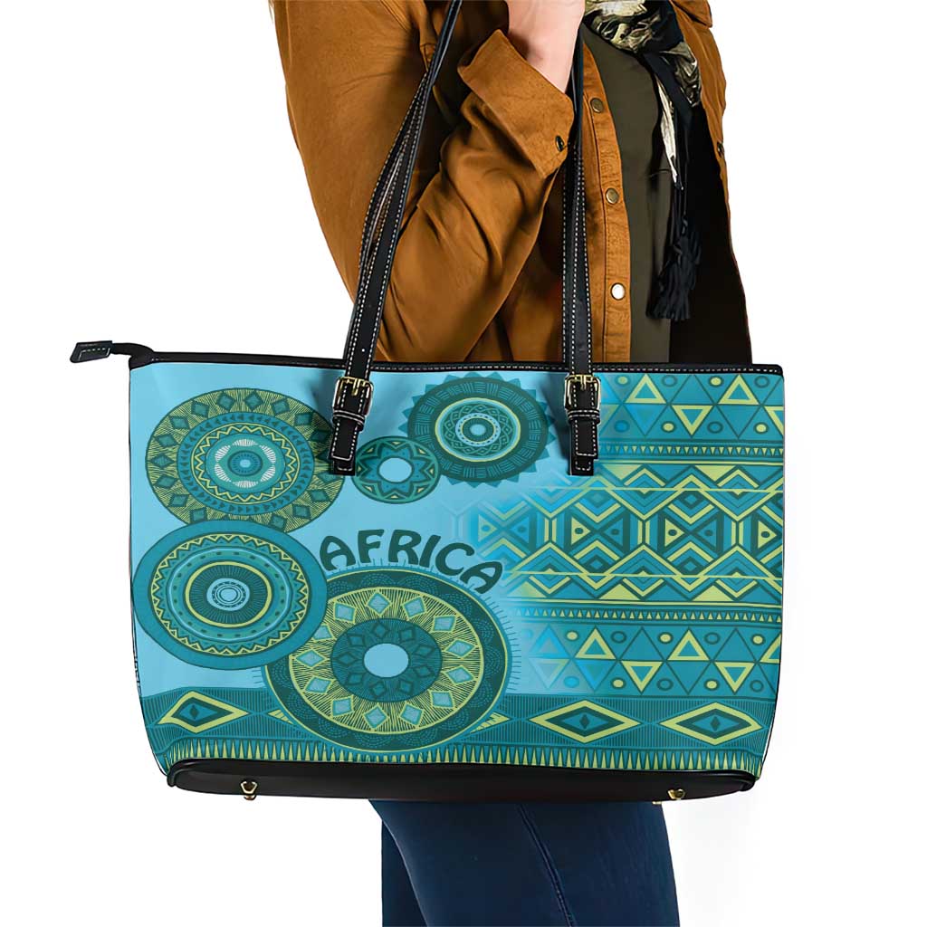 Africa Tribal Traditional Pattern Leather Tote Bag Blue Motif LT9