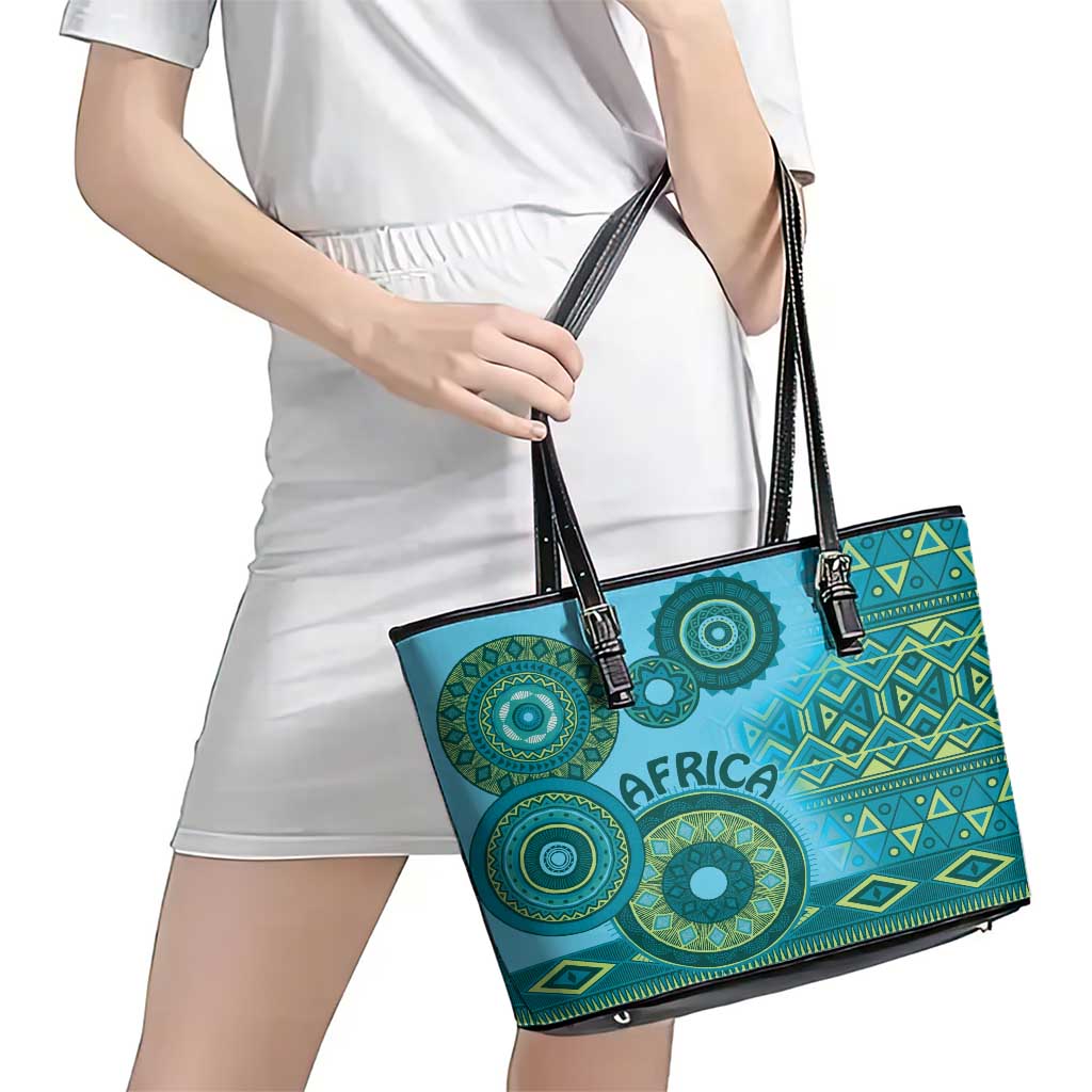 Africa Tribal Traditional Pattern Leather Tote Bag Blue Motif LT9