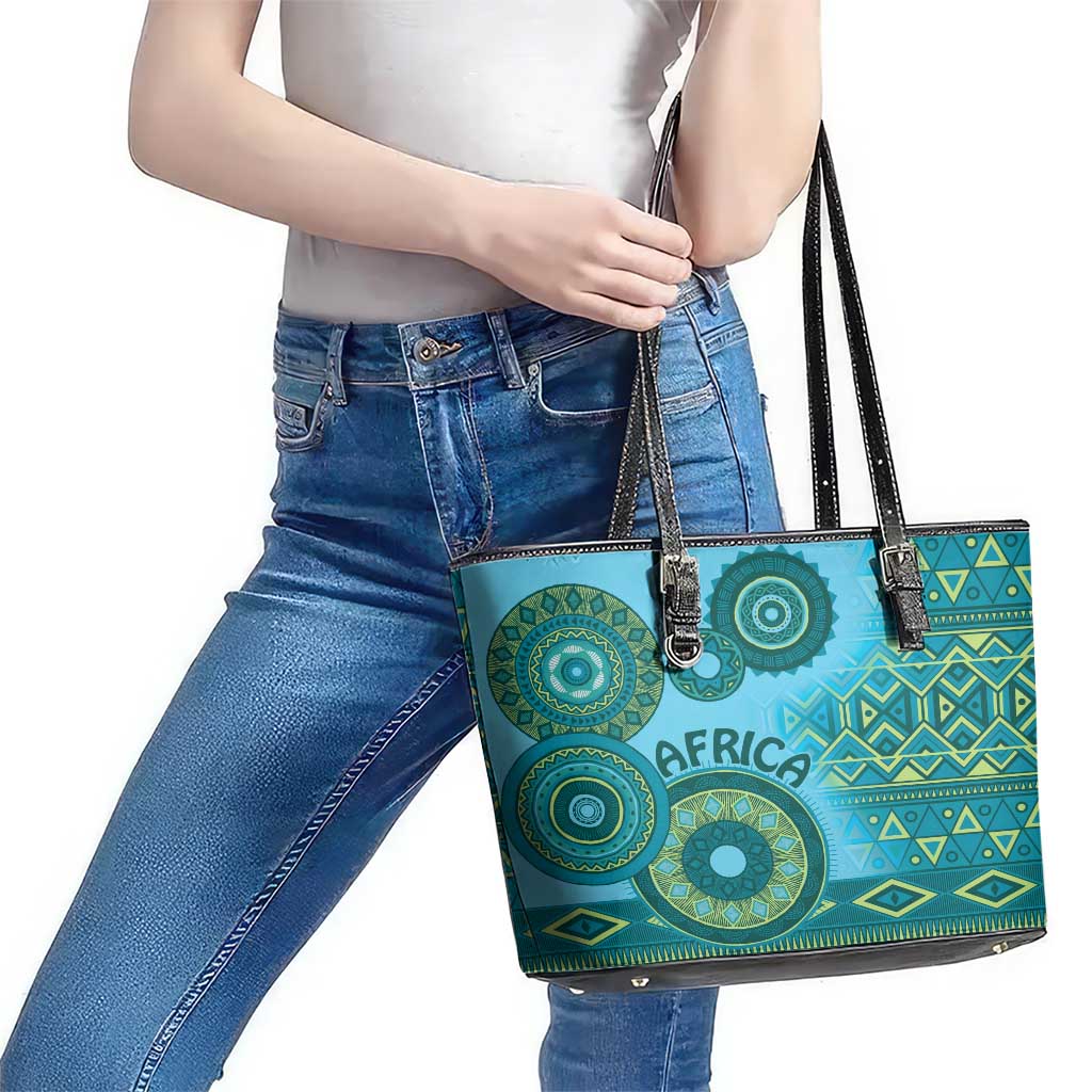 Africa Tribal Traditional Pattern Leather Tote Bag Blue Motif LT9