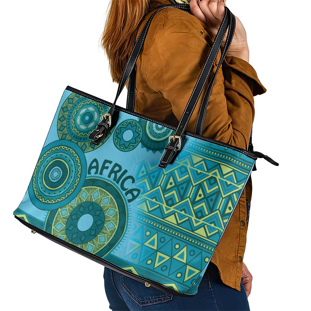 Africa Tribal Traditional Pattern Leather Tote Bag Blue Motif LT9