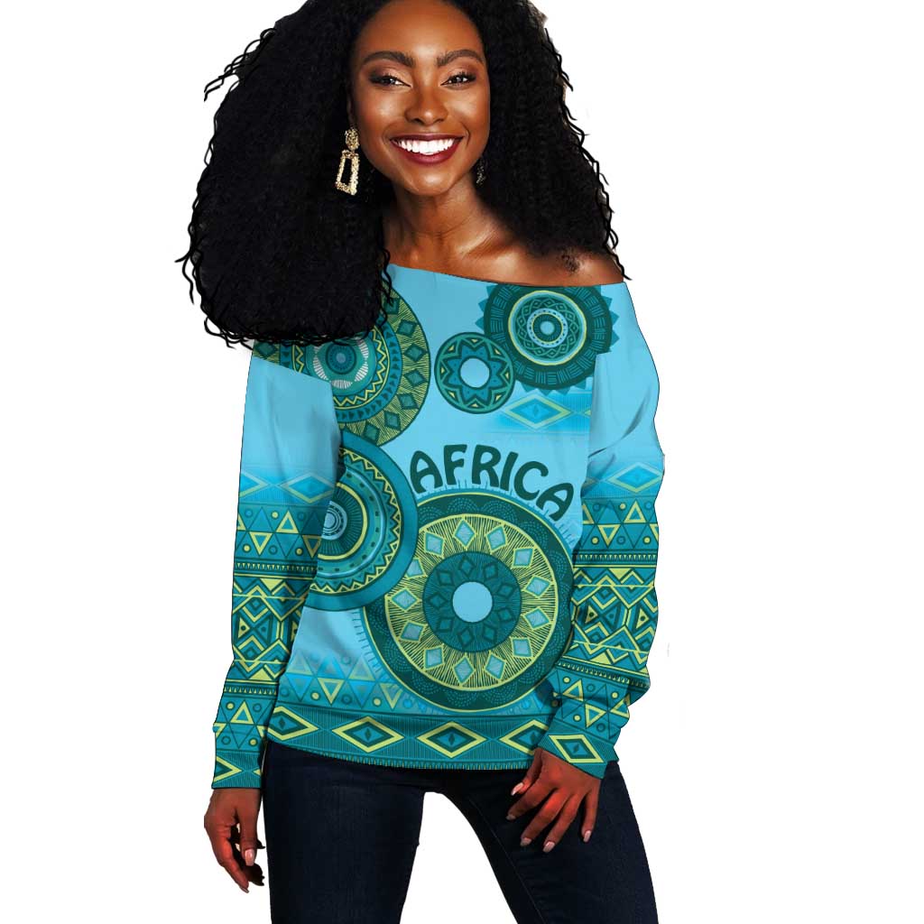 Afro Tribal Traditional Pattern Off Shoulder Sweater Blue Motif LT9
