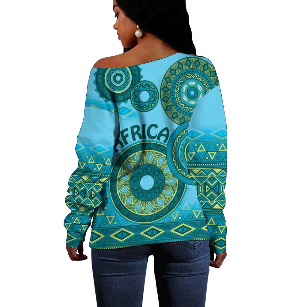 Afro Tribal Traditional Pattern Off Shoulder Sweater Blue Motif LT9