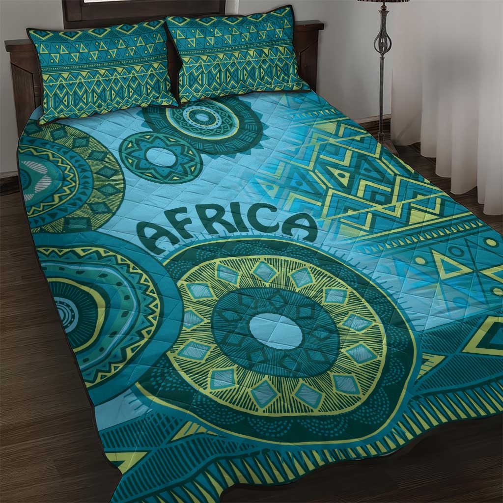 Afro Tribal Traditional Pattern Quilt Bed Set Blue Motif LT9