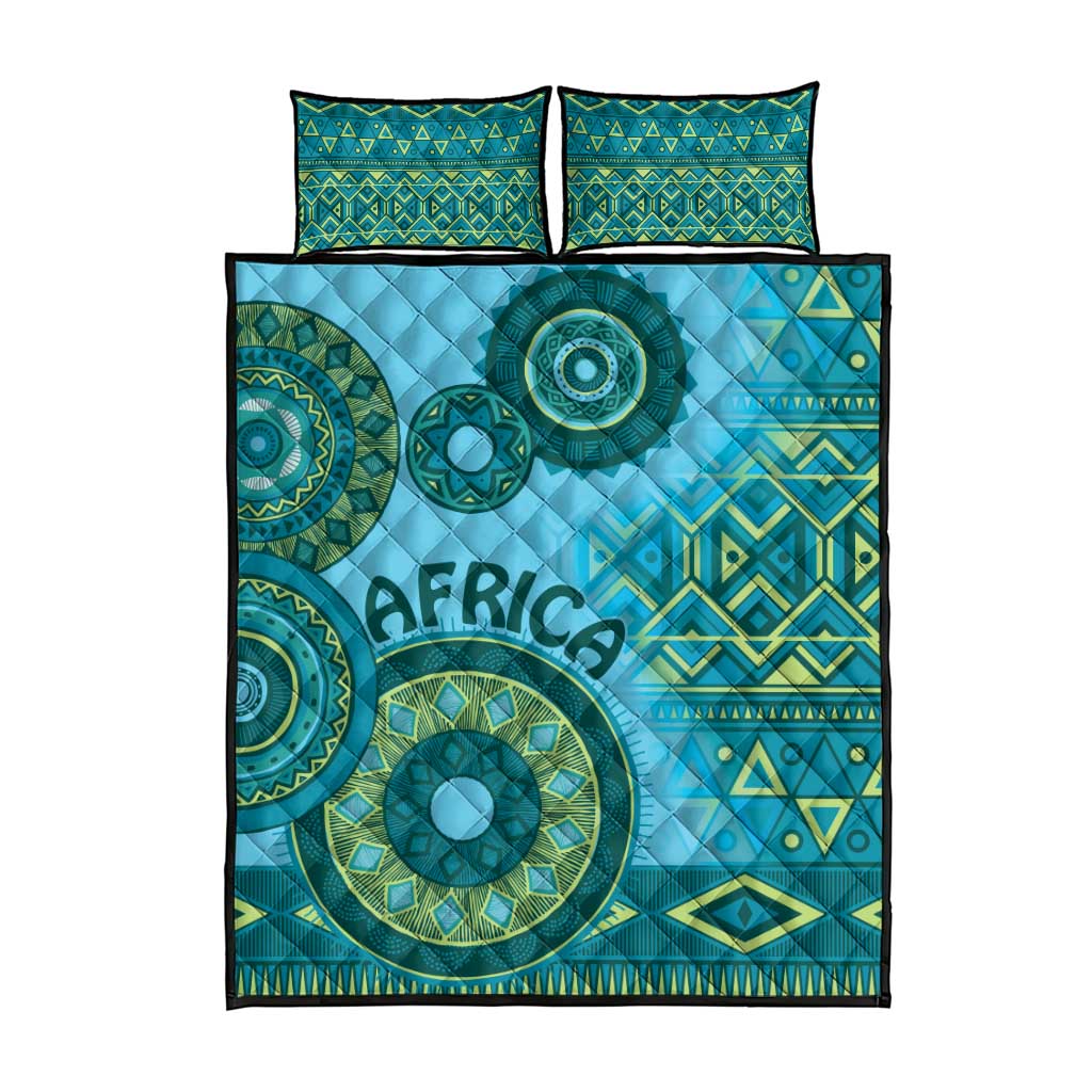 Afro Tribal Traditional Pattern Quilt Bed Set Blue Motif LT9