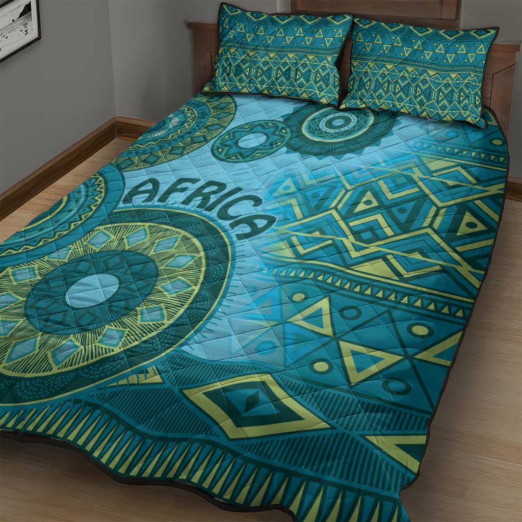 Afro Tribal Traditional Pattern Quilt Bed Set Blue Motif LT9