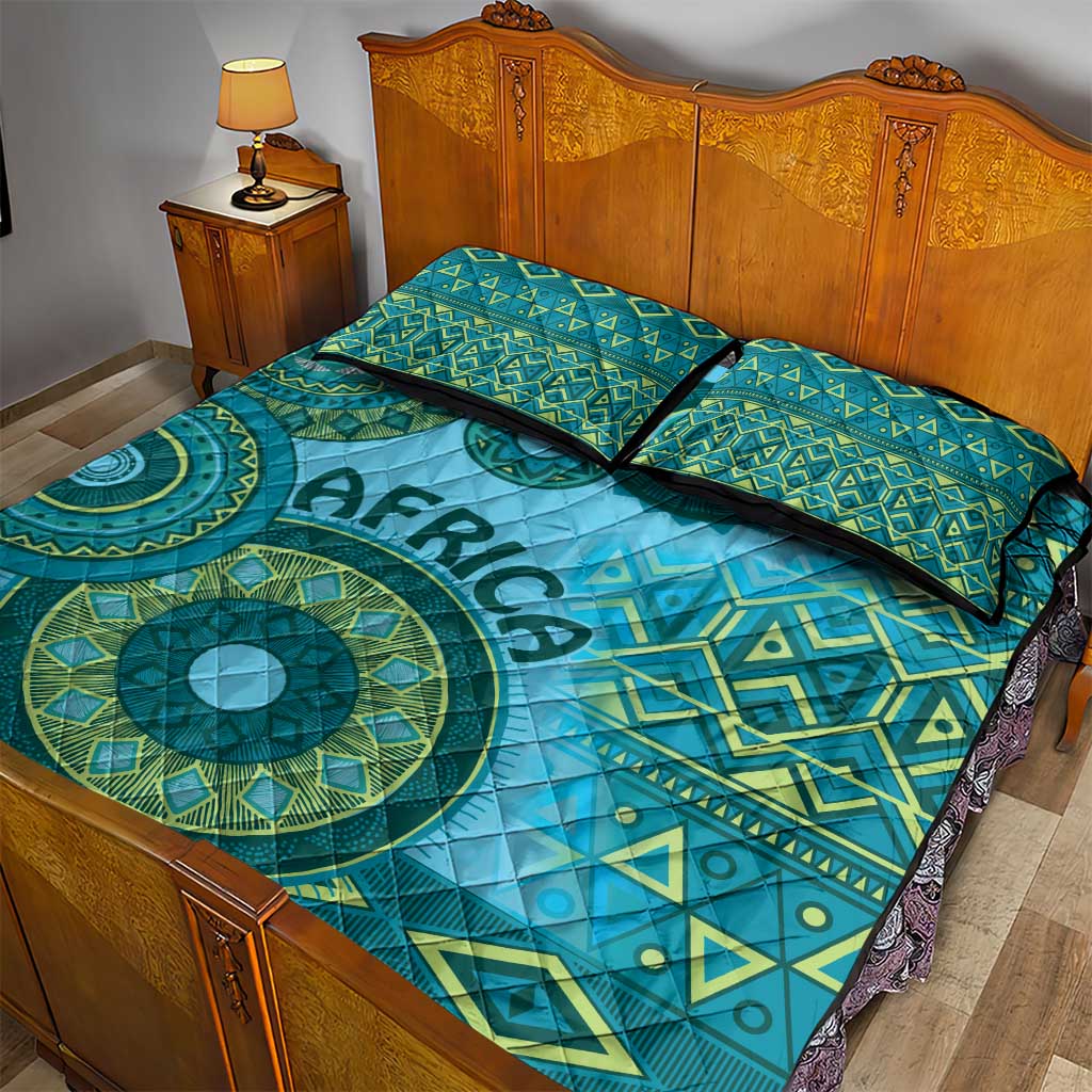 Afro Tribal Traditional Pattern Quilt Bed Set Blue Motif LT9