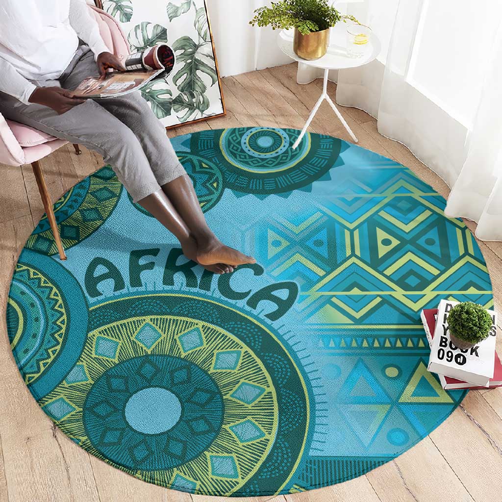 Afro Tribal Traditional Pattern Round Carpet Blue Motif LT9