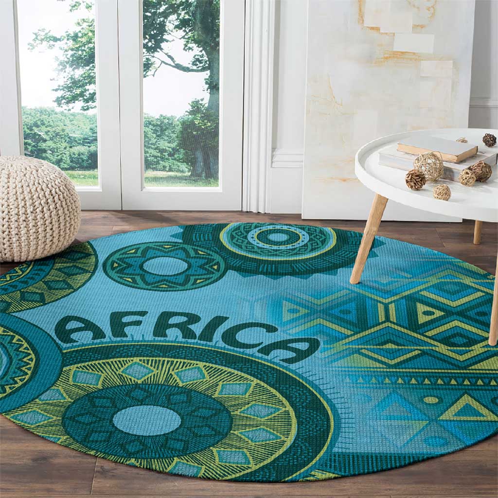 Afro Tribal Traditional Pattern Round Carpet Blue Motif LT9