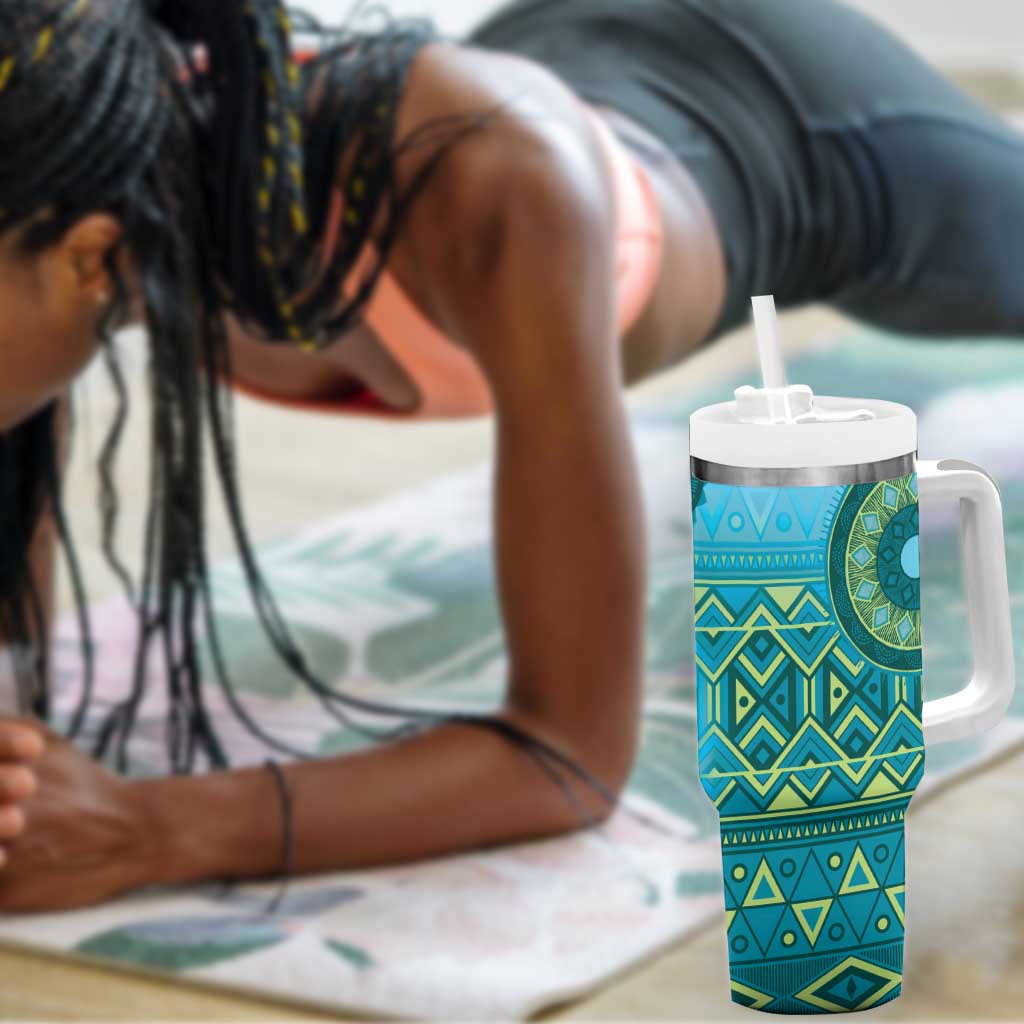 Afro Tribal Traditional Pattern Tumbler With Handle Blue Motif LT9