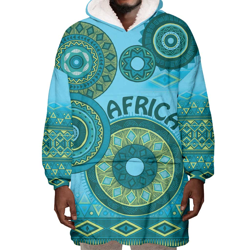Afro Tribal Traditional Pattern Wearable Blanket Hoodie Blue Motif LT9