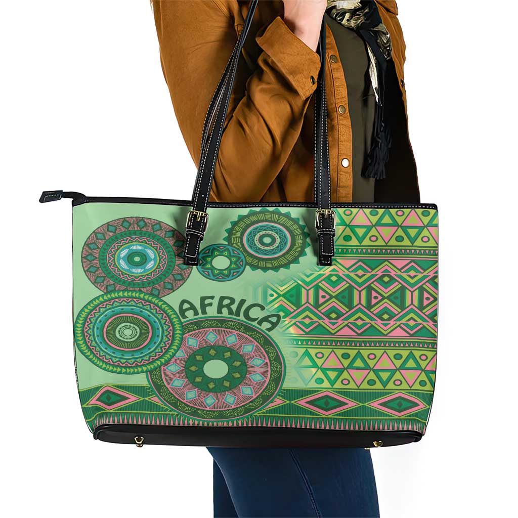 Africa Tribal Traditional Pattern Leather Tote Bag Green Motif LT9