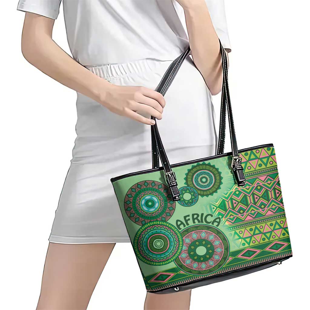 Africa Tribal Traditional Pattern Leather Tote Bag Green Motif LT9