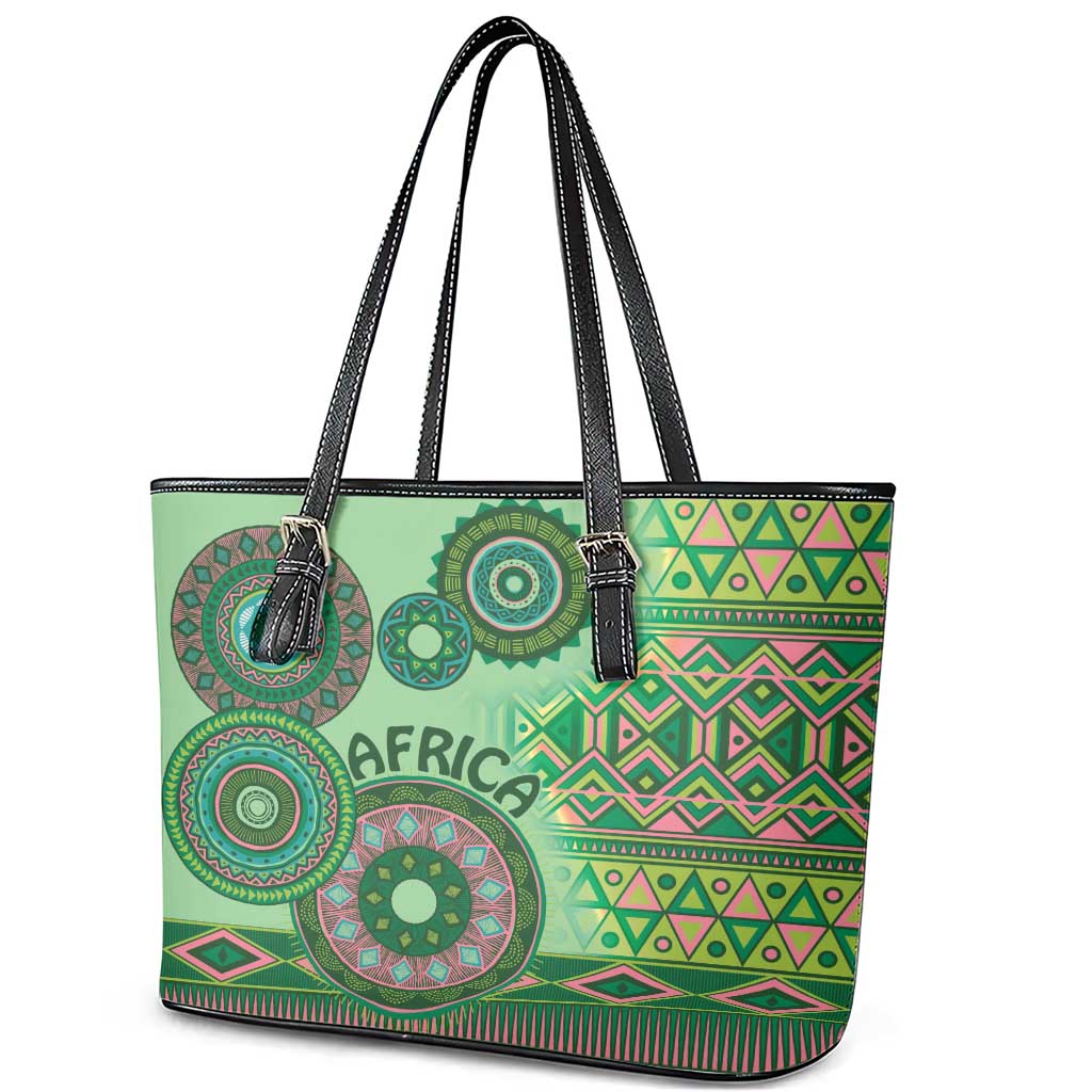 Africa Tribal Traditional Pattern Leather Tote Bag Green Motif LT9