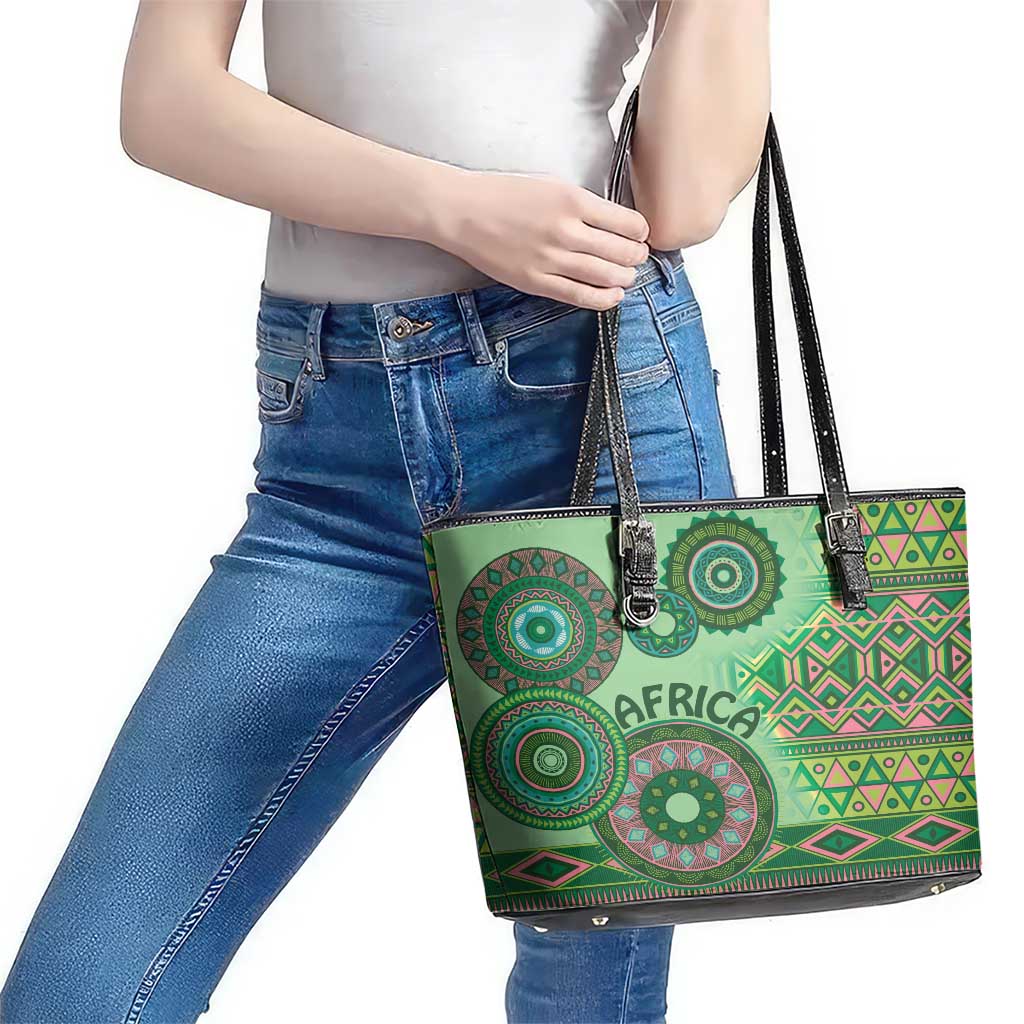 Africa Tribal Traditional Pattern Leather Tote Bag Green Motif LT9