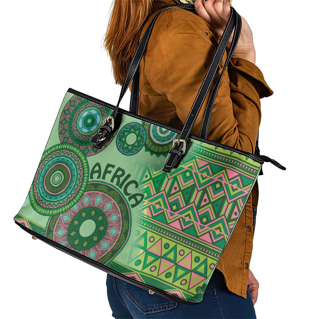 Africa Tribal Traditional Pattern Leather Tote Bag Green Motif LT9