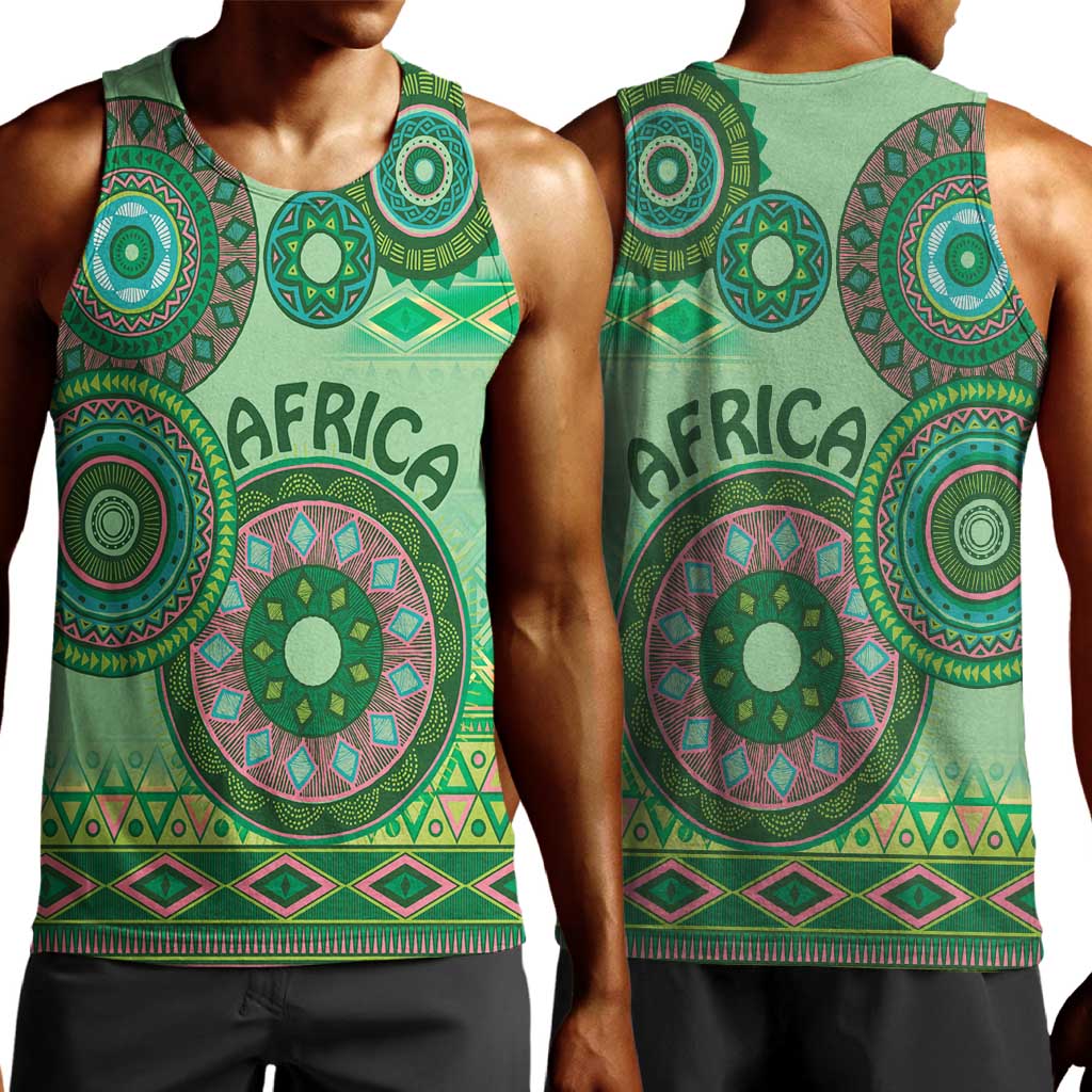 Afro Tribal Traditional Pattern Men Tank Top Green Motif LT9
