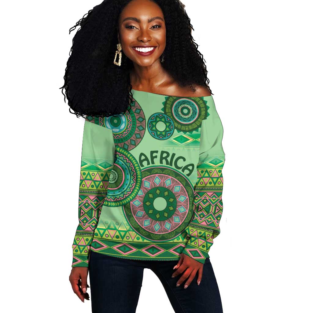 Afro Tribal Traditional Pattern Off Shoulder Sweater Green Motif LT9