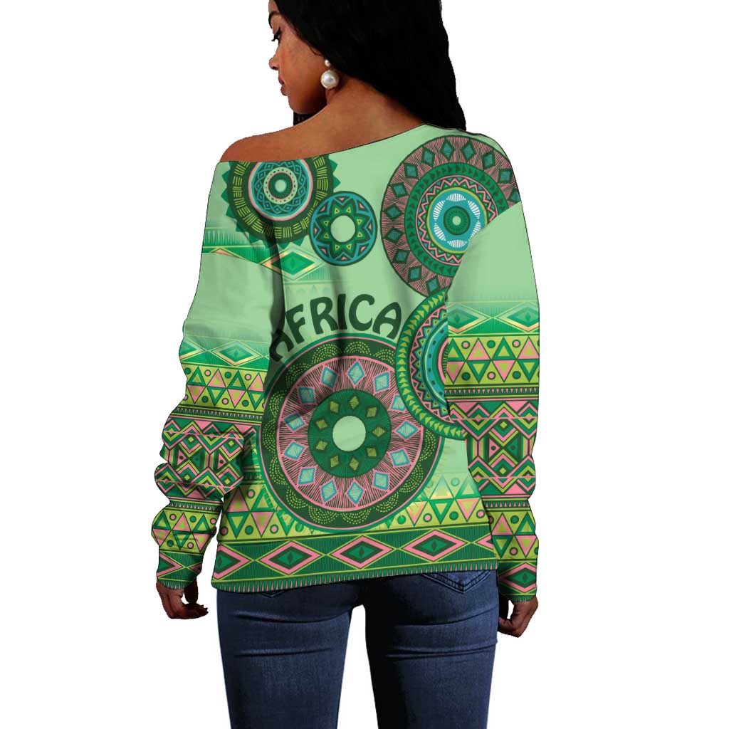 Afro Tribal Traditional Pattern Off Shoulder Sweater Green Motif LT9
