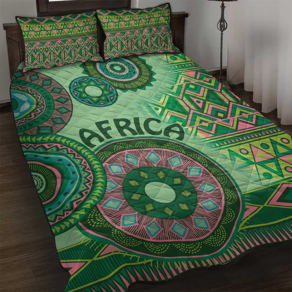 Afro Tribal Traditional Pattern Quilt Bed Set Green Motif LT9