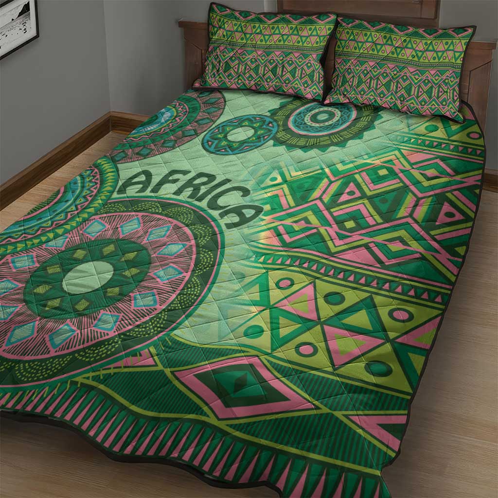 Afro Tribal Traditional Pattern Quilt Bed Set Green Motif LT9