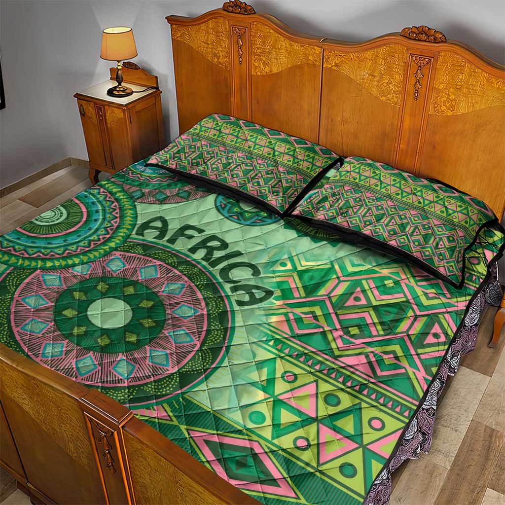 Afro Tribal Traditional Pattern Quilt Bed Set Green Motif LT9
