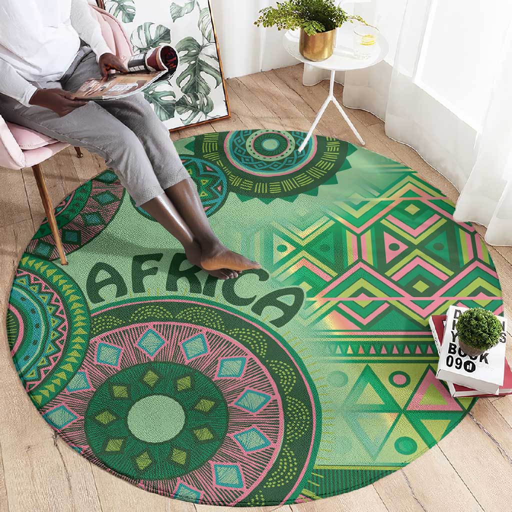Afro Tribal Traditional Pattern Round Carpet Green Motif LT9