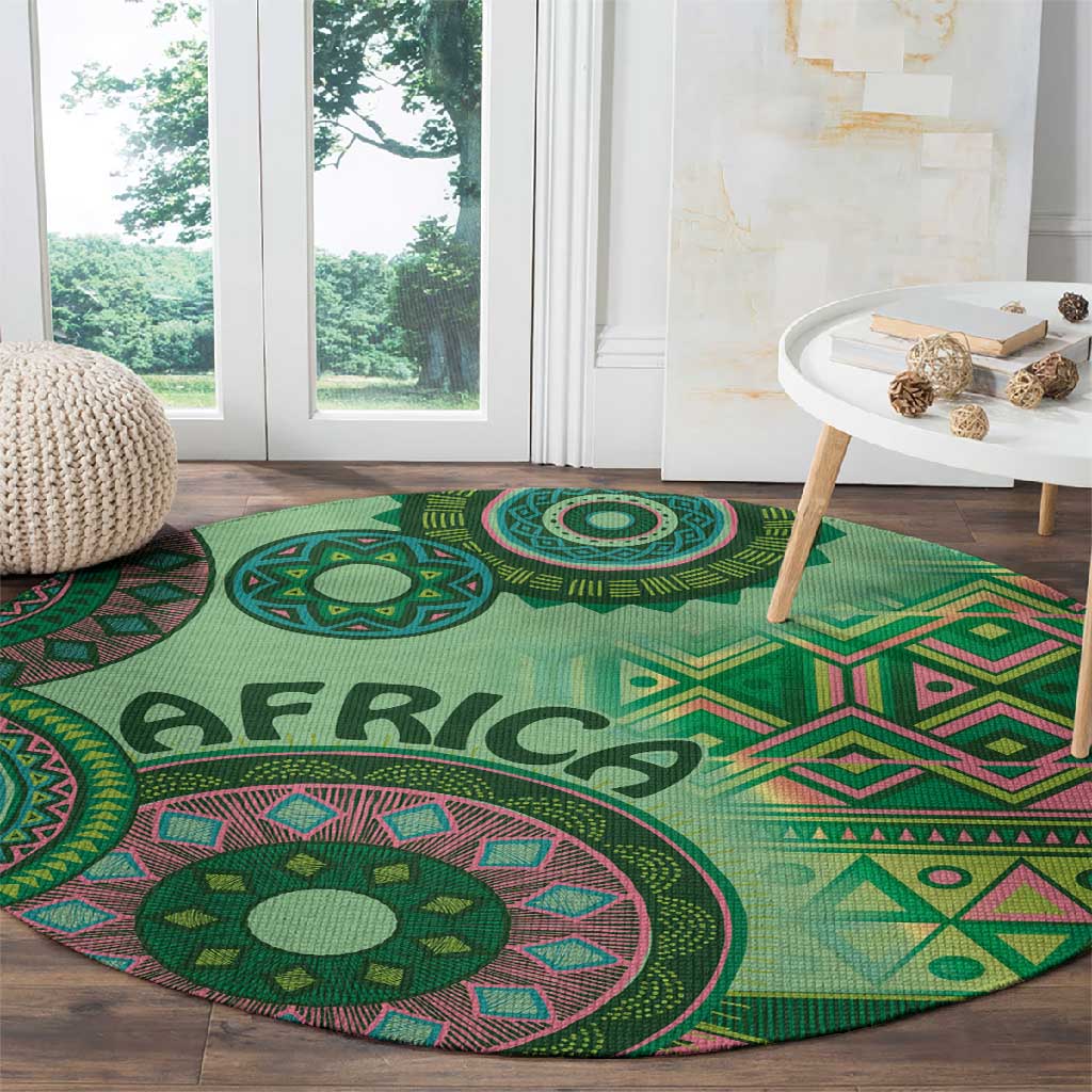 Afro Tribal Traditional Pattern Round Carpet Green Motif LT9