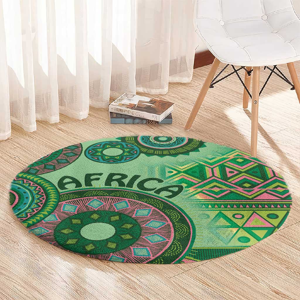 Afro Tribal Traditional Pattern Round Carpet Green Motif LT9