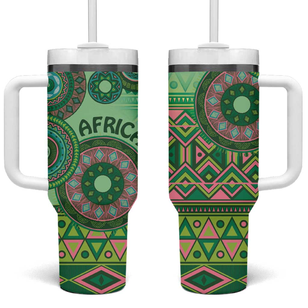 Afro Tribal Traditional Pattern Tumbler With Handle Green Motif LT9