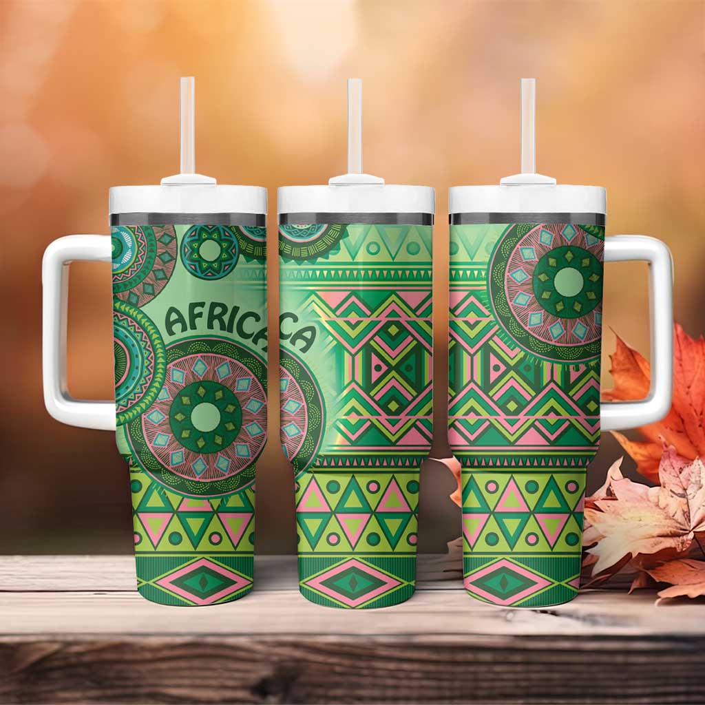 Afro Tribal Traditional Pattern Tumbler With Handle Green Motif LT9