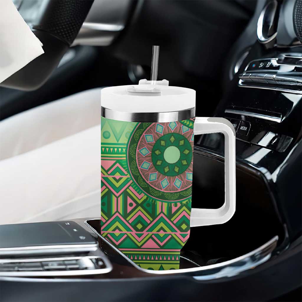 Afro Tribal Traditional Pattern Tumbler With Handle Green Motif LT9