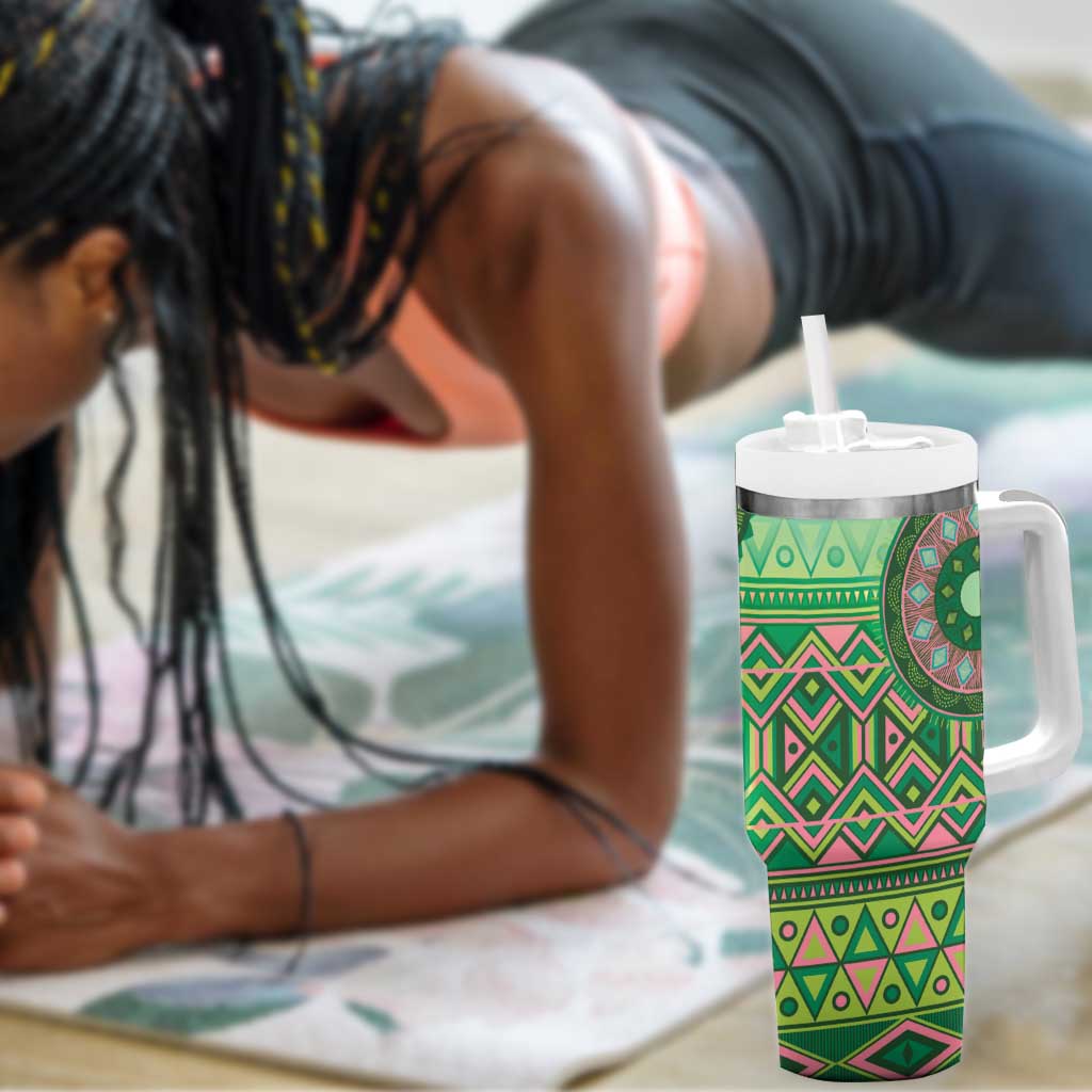 Afro Tribal Traditional Pattern Tumbler With Handle Green Motif LT9