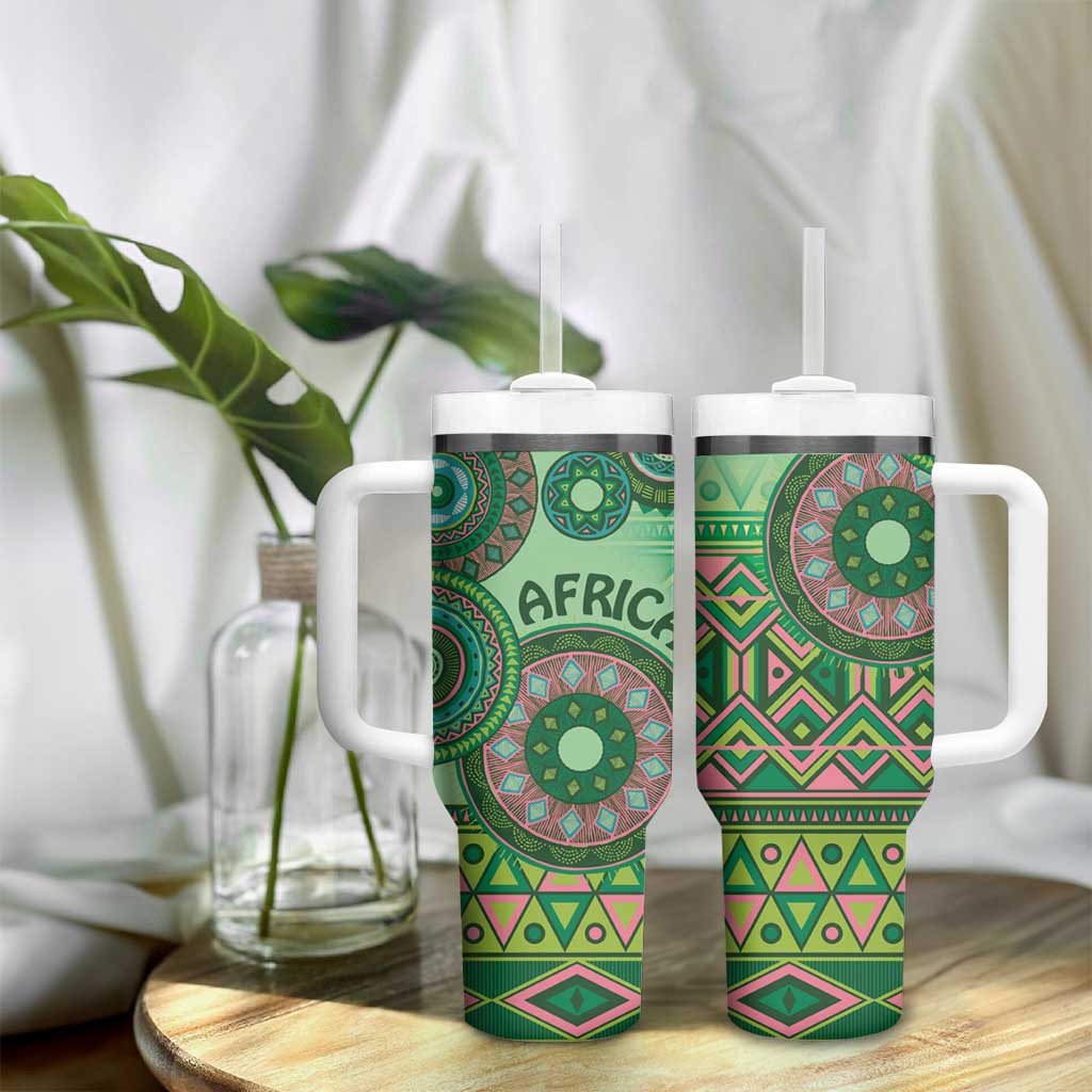 Afro Tribal Traditional Pattern Tumbler With Handle Green Motif LT9