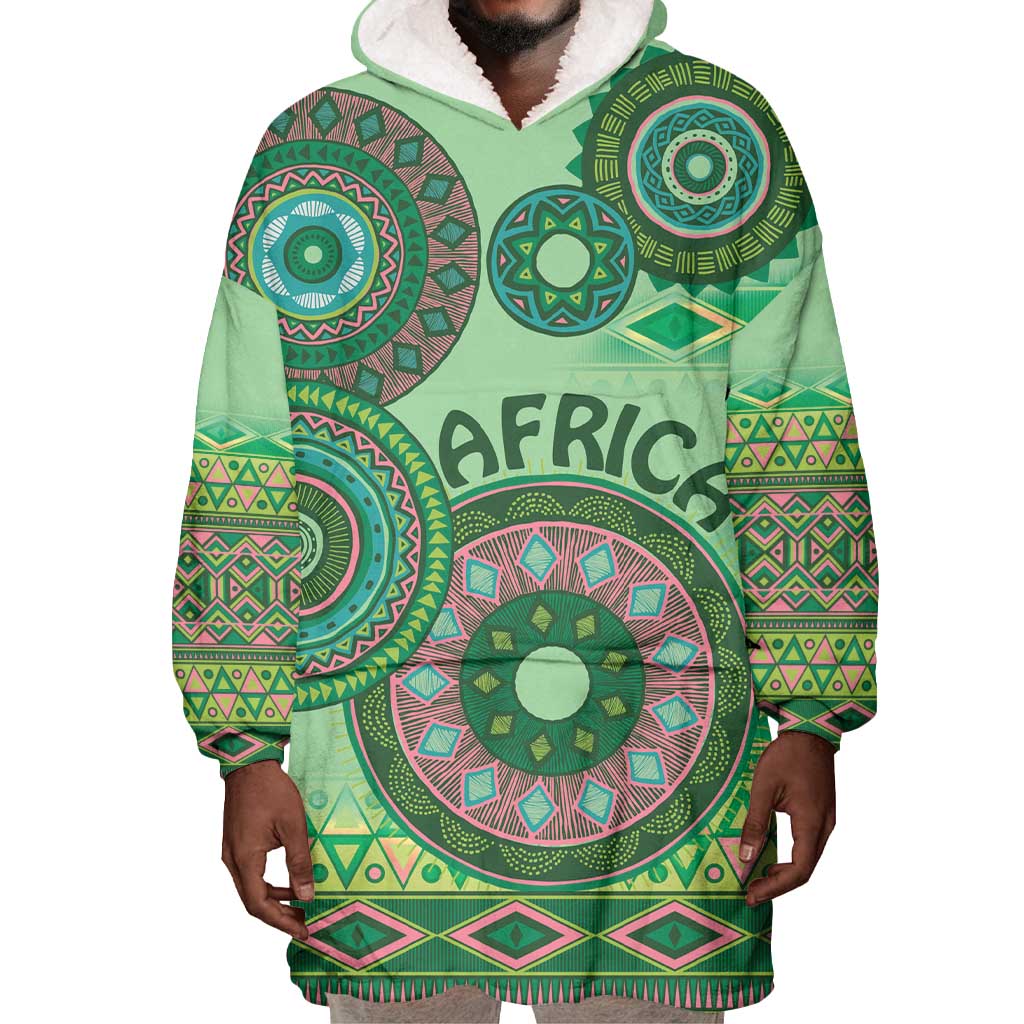 Afro Tribal Traditional Pattern Wearable Blanket Hoodie Green Motif LT9