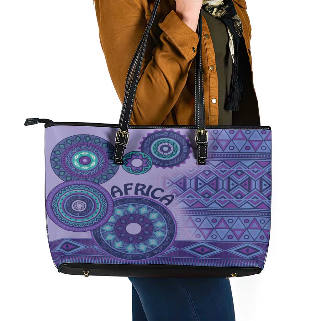 Africa Tribal Traditional Pattern Leather Tote Bag Purple Motif LT9