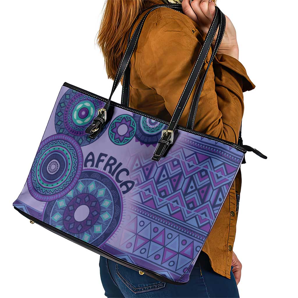 Africa Tribal Traditional Pattern Leather Tote Bag Purple Motif LT9