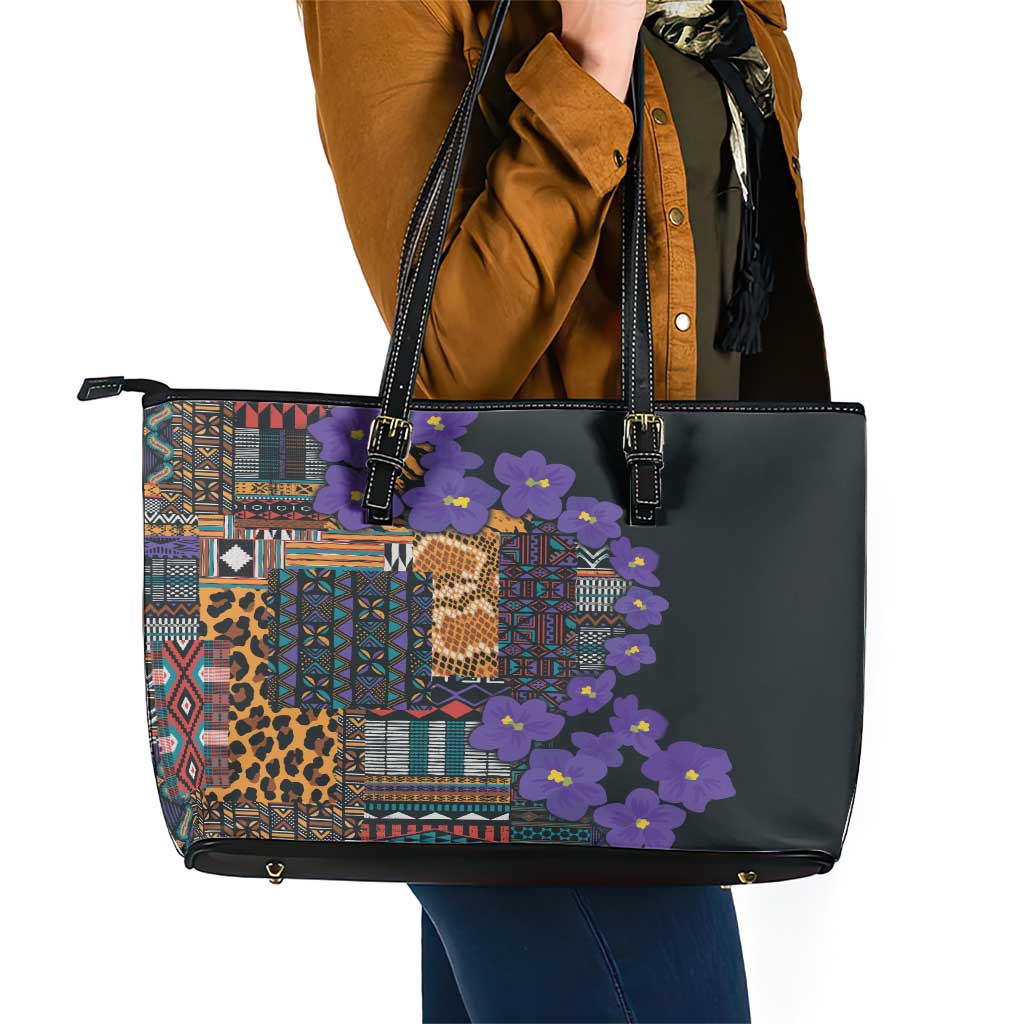 Africa Violets Flowers Leather Tote Bag Mix Native Tribal Pattern LT9