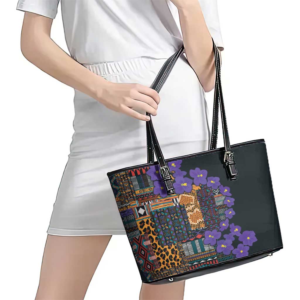Africa Violets Flowers Leather Tote Bag Mix Native Tribal Pattern LT9