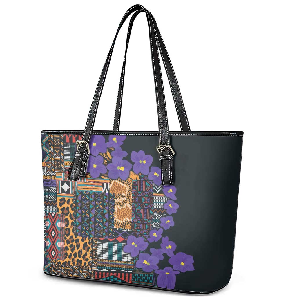 Africa Violets Flowers Leather Tote Bag Mix Native Tribal Pattern LT9