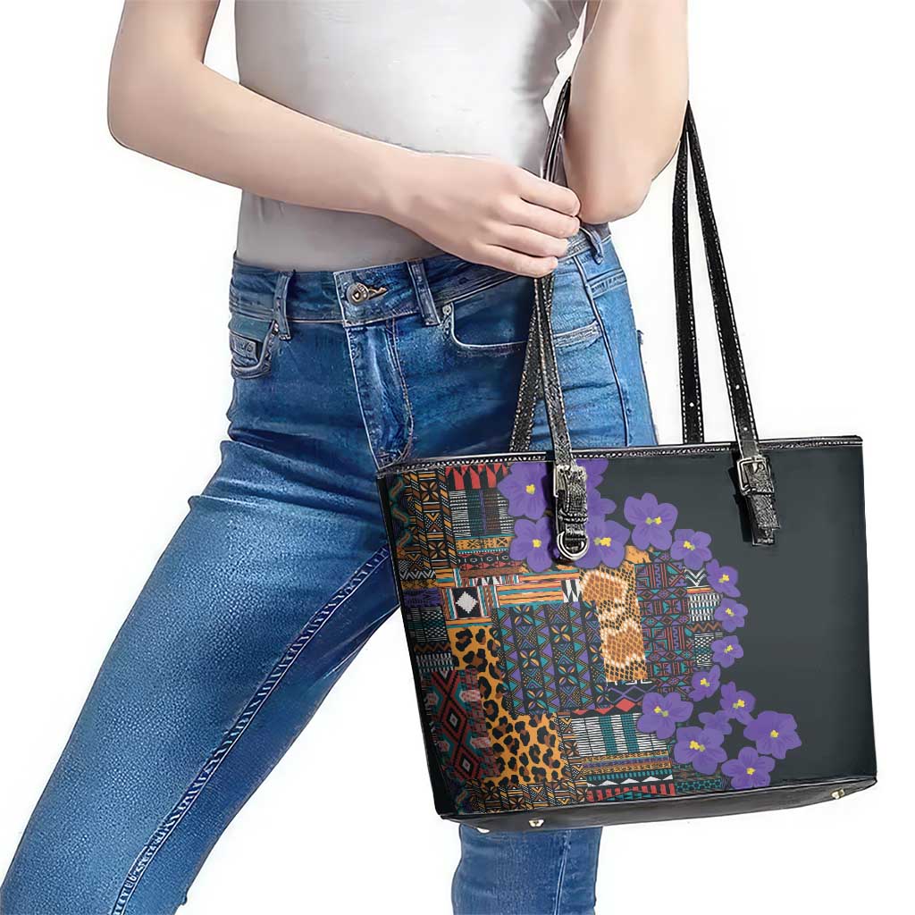 Africa Violets Flowers Leather Tote Bag Mix Native Tribal Pattern LT9