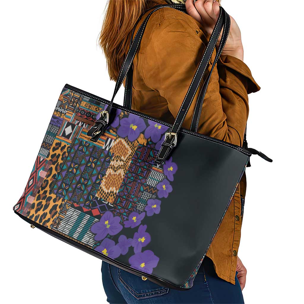 Africa Violets Flowers Leather Tote Bag Mix Native Tribal Pattern LT9