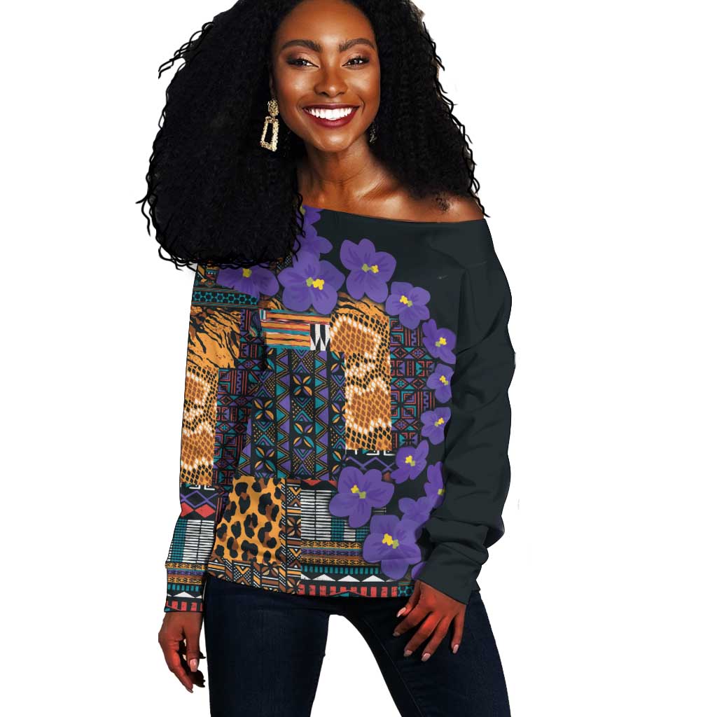 Afro Violets Flowers Off Shoulder Sweater Mix Native Tribal Pattern LT9