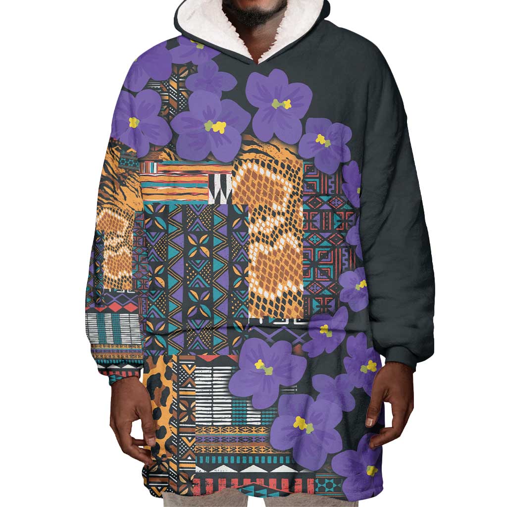 Afro Violets Flowers Wearable Blanket Hoodie Mix Native Tribal Pattern LT9