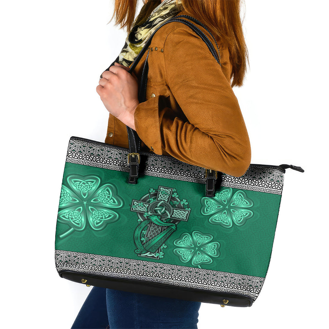 Irish Celtic Cross and Harp with Ireland Shamrock Personalized Leather Tote Bag LT9