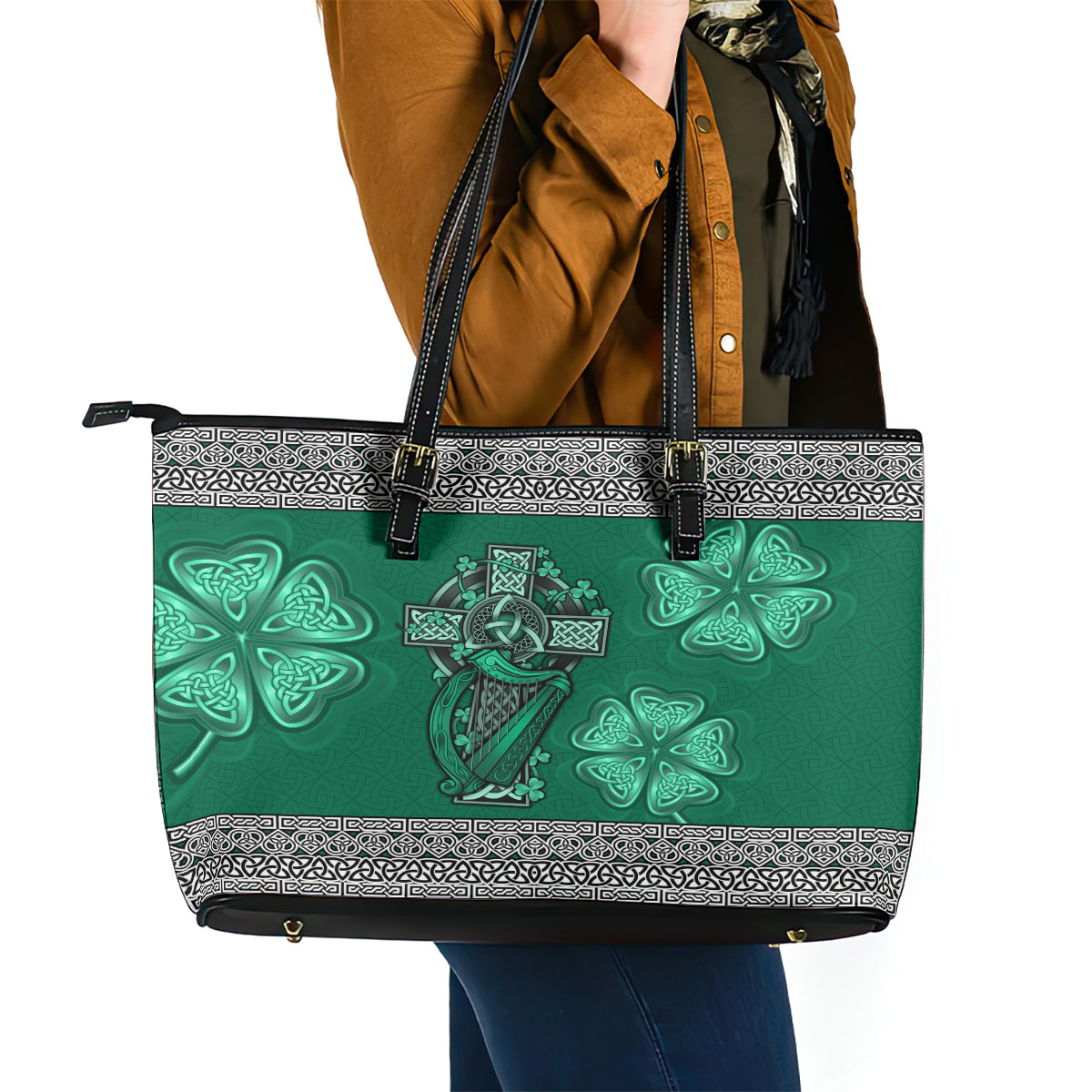 Irish Celtic Cross and Harp with Ireland Shamrock Personalized Leather Tote Bag LT9
